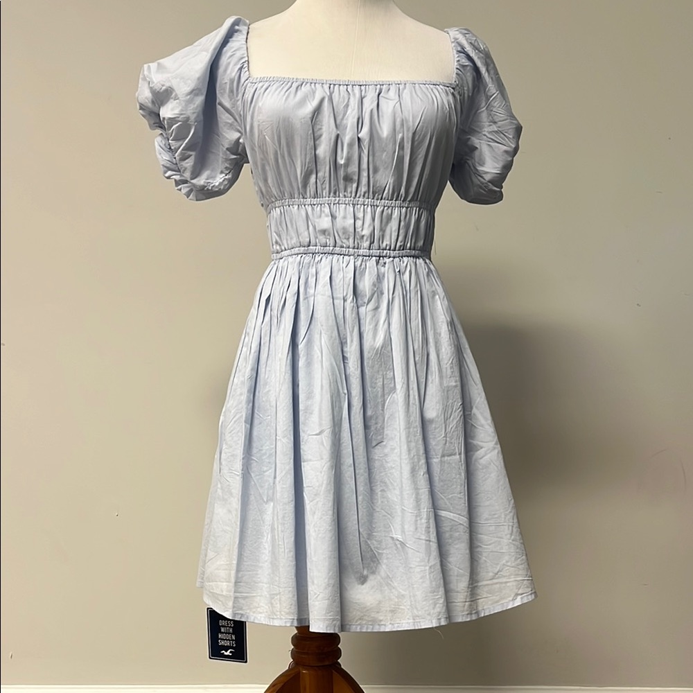 Hollister Baby Blue Smocked Puff Sleeve Mini Dress Built in Shorts and Pockets